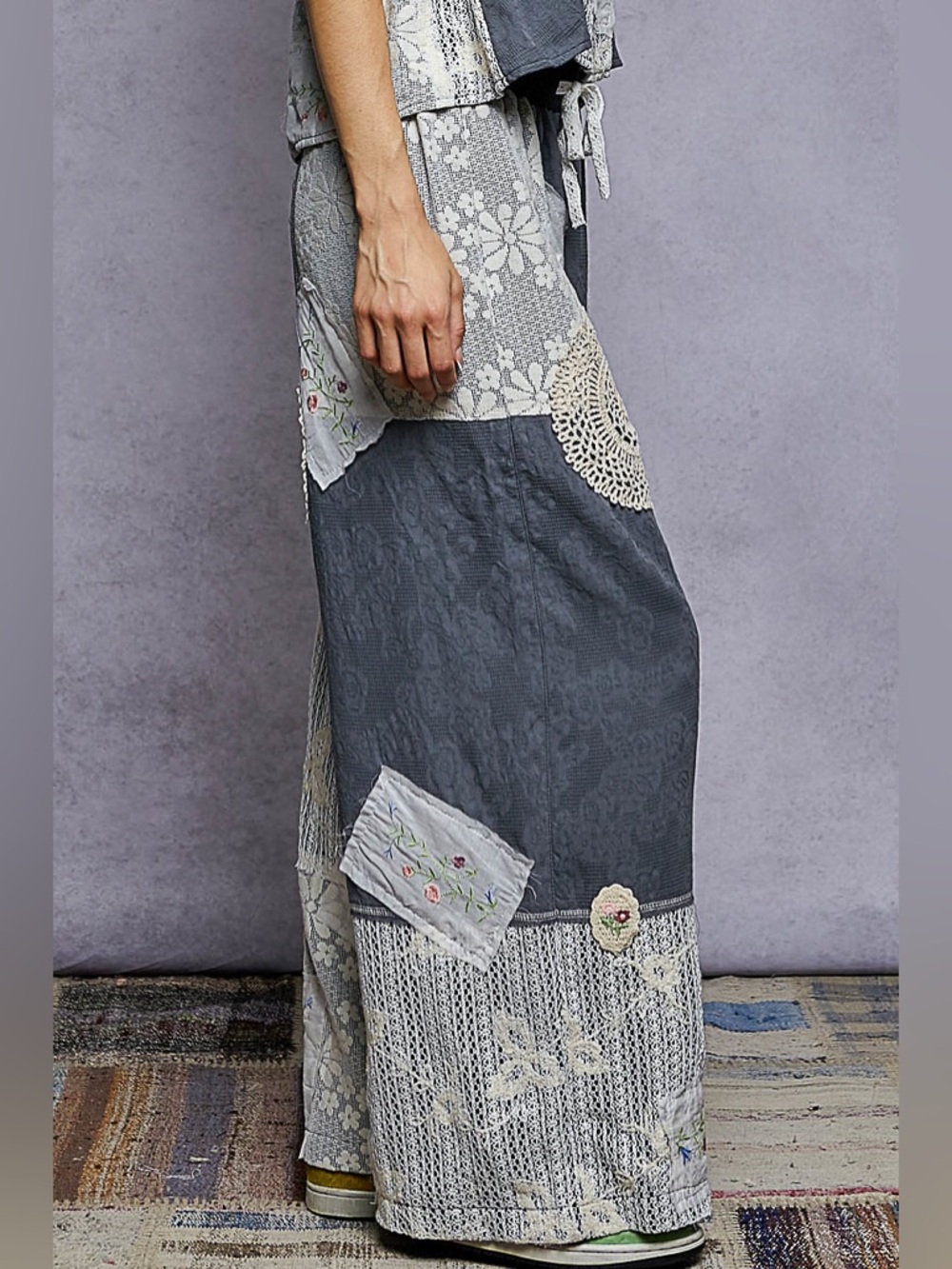 POL Blue Patchwork Cropped Jumpsuit Set with Lace Appliqué - Picture 10 of 11